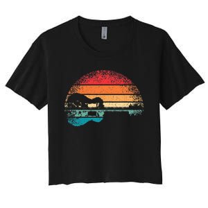 Retro Acoustic Guitar Lake Sunset Guitarist Music Lover Rock Women's Crop Top Tee