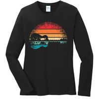 Retro Acoustic Guitar Lake Sunset Guitarist Music Lover Rock Ladies Long Sleeve Shirt