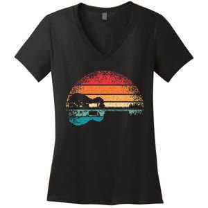 Retro Acoustic Guitar Lake Sunset Guitarist Music Lover Rock Women's V-Neck T-Shirt