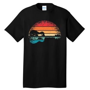 Retro Acoustic Guitar Lake Sunset Guitarist Music Lover Tall T-Shirt