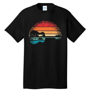 Retro Acoustic Guitar Lake Sunset Guitarist Music Tall T-Shirt