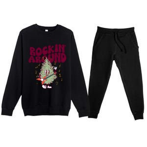 Rockin Around Groovy Christmas Tree Cute Gift Premium Crewneck Sweatsuit Set