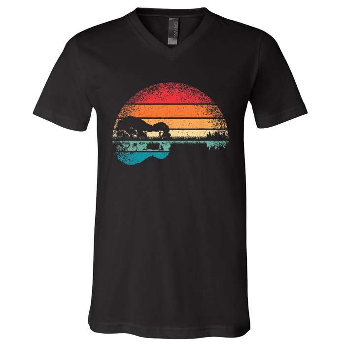 Retro Acoustic Guitar Lake Sunset Guitarist Music Lover Rock V-Neck T-Shirt