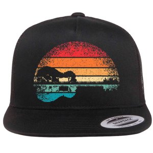 Retro Acoustic Guitar Lake Sunset Guitarist Music Lover Rock Flat Bill Trucker Hat