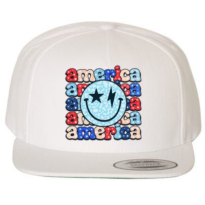 Retro America Groovy Smile 4th Of July Patriotic Fun Wool Snapback Cap