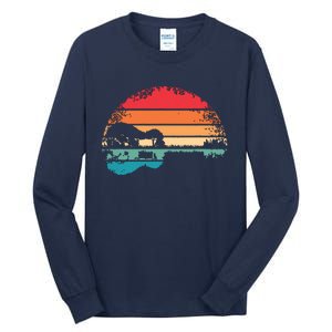 Retro Acoustic Guitar Lake Sunset Guitarist Music Lover Tall Long Sleeve T-Shirt