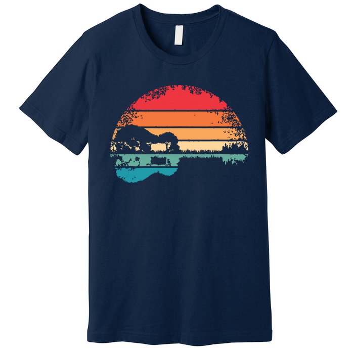 Retro Acoustic Guitar Lake Sunset Guitarist Music Lover Premium T-Shirt