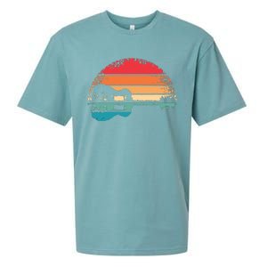 Retro Acoustic Guitar Lake Sunset Guitarist Music Lover Sueded Cloud Jersey T-Shirt