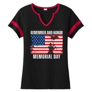 Remember And Honor Memorial Day Usa Flag Ladies Halftime Notch Neck Tee