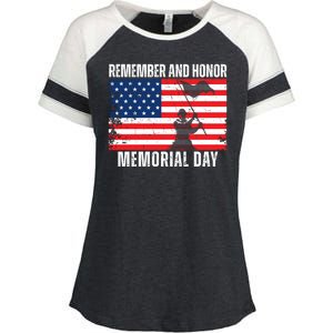 Remember And Honor Memorial Day Usa Flag Enza Ladies Jersey Colorblock Tee