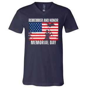 Remember And Honor Memorial Day Usa Flag V-Neck T-Shirt