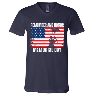 Remember And Honor Memorial Day Usa Flag V-Neck T-Shirt