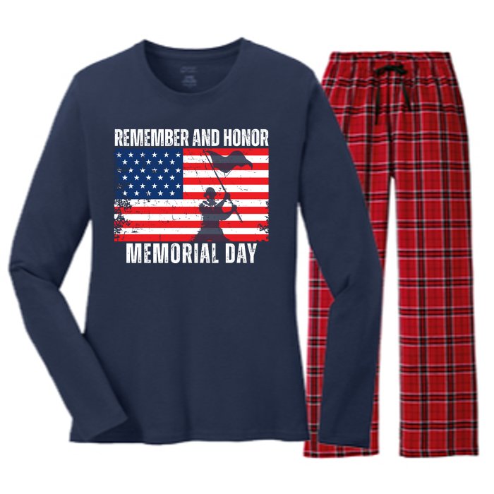 Remember And Honor Memorial Day Usa Flag Women's Long Sleeve Flannel Pajama Set 