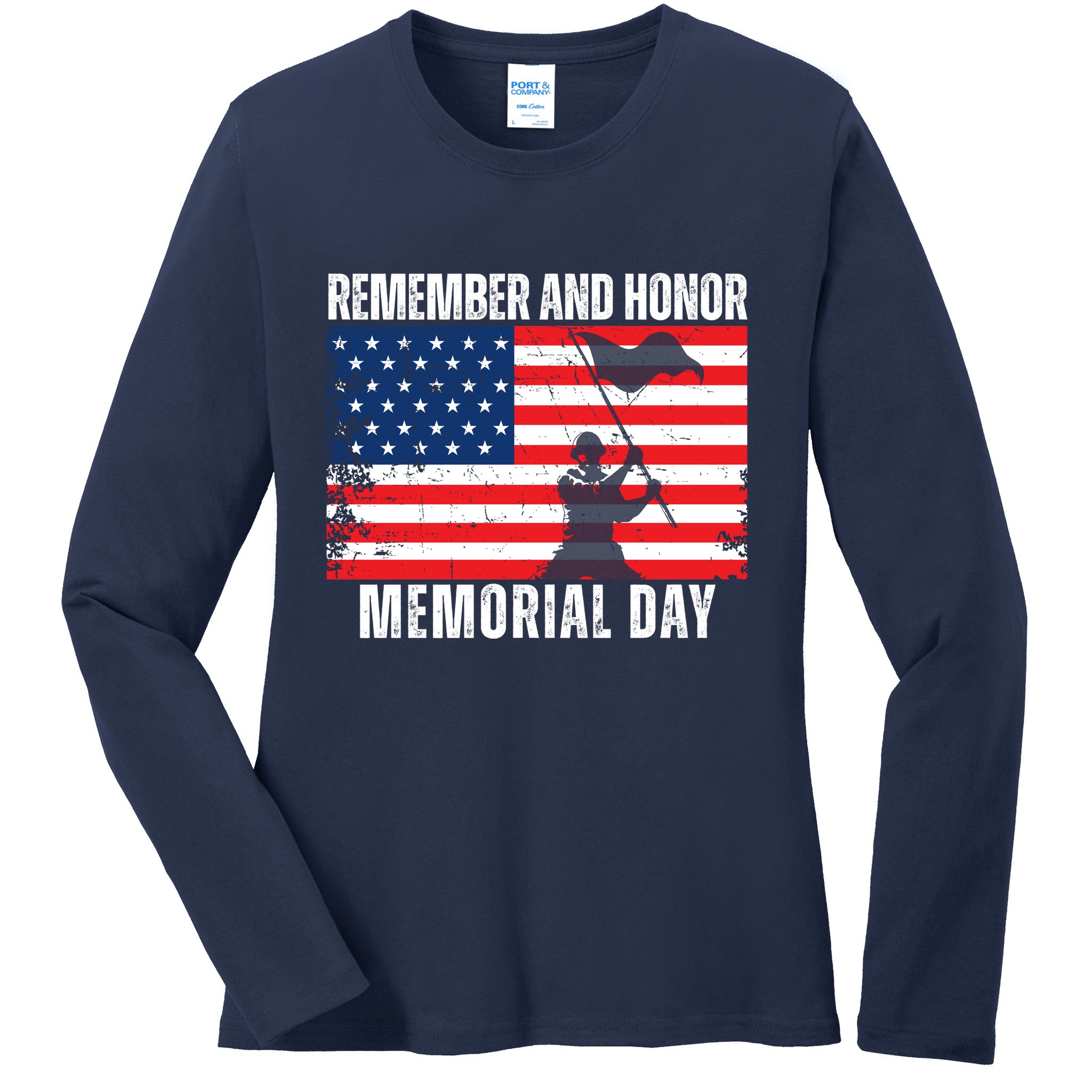 Remember And Honor Memorial Day Usa Flag Ladies Long Sleeve Shirt
