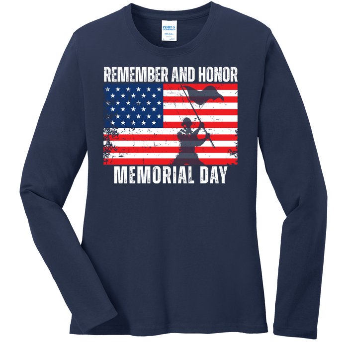 Remember And Honor Memorial Day Usa Flag Ladies Long Sleeve Shirt