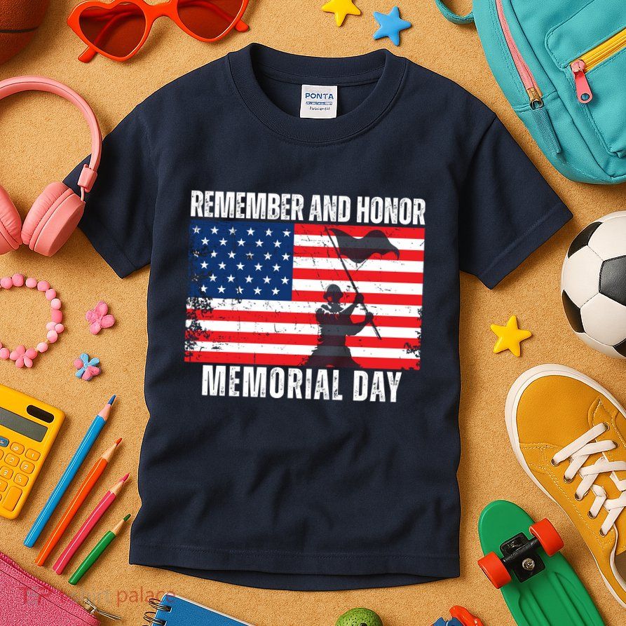 Remember And Honor Memorial Day Usa Flag Kids T-Shirt