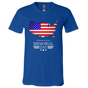 Remember And Honor Memorial Day American Flag Gift V-Neck T-Shirt