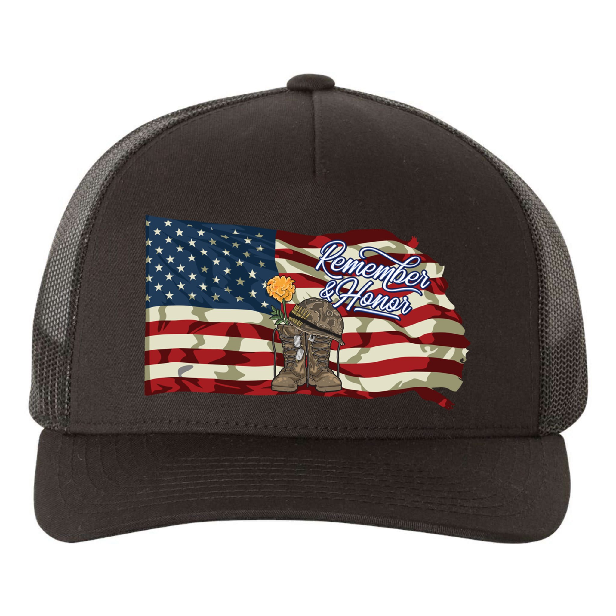 Remember And Honor Veterans Day Patriotic American Flag Cool Gift Yupoong Adult 5-Panel Trucker Hat
