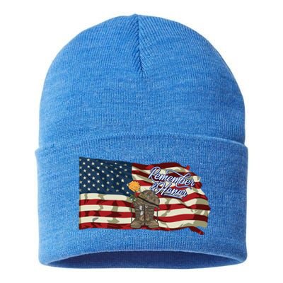 Remember And Honor Veterans Day Patriotic American Flag Cool Gift Sustainable Knit Beanie