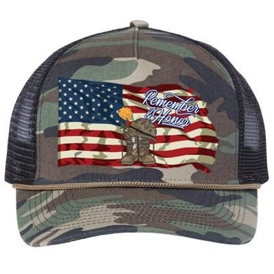 Remember And Honor Veterans Day Patriotic American Flag Cool Gift Retro Rope Trucker Hat Cap