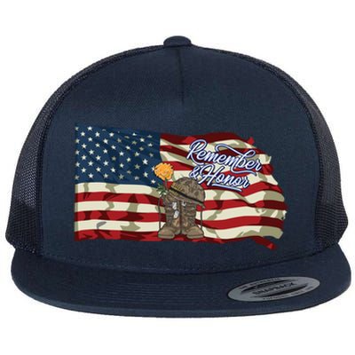 Remember And Honor Veterans Day Patriotic American Flag Cool Gift Flat Bill Trucker Hat