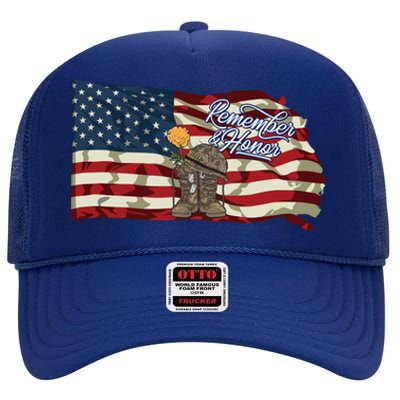 Remember And Honor Veterans Day Patriotic American Flag Cool Gift High Crown Mesh Back Trucker Hat