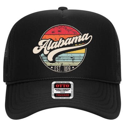 Retro Alabama Home State Al Cool 70s Style Sunset High Crown Mesh Back Trucker Hat