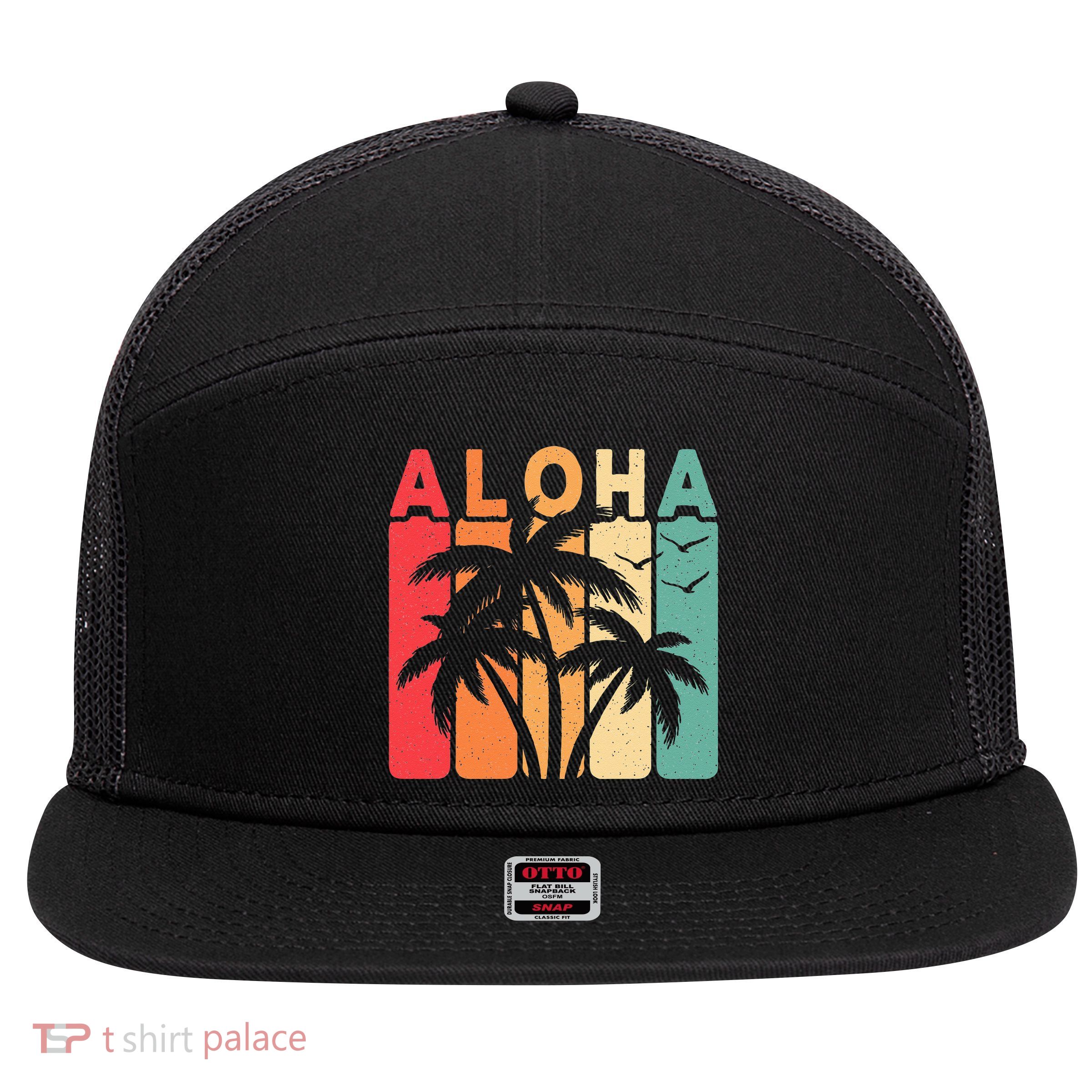 Retro Aloha Hawaii Tropical Summer Palm Tree Hawaiian 7 Panel Mesh Trucker Snapback Hat
