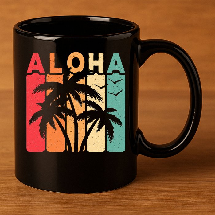 Retro Aloha Hawaii Tropical Summer Palm Tree Hawaiian 11oz C Handle Ceramic Mug