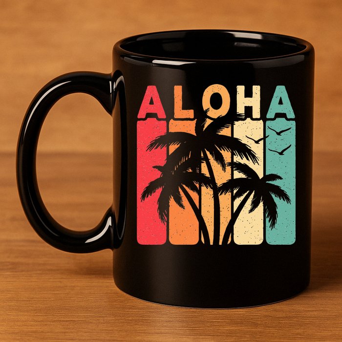 Retro Aloha Hawaii Tropical Summer Palm Tree Hawaiian 11oz C Handle Ceramic Mug