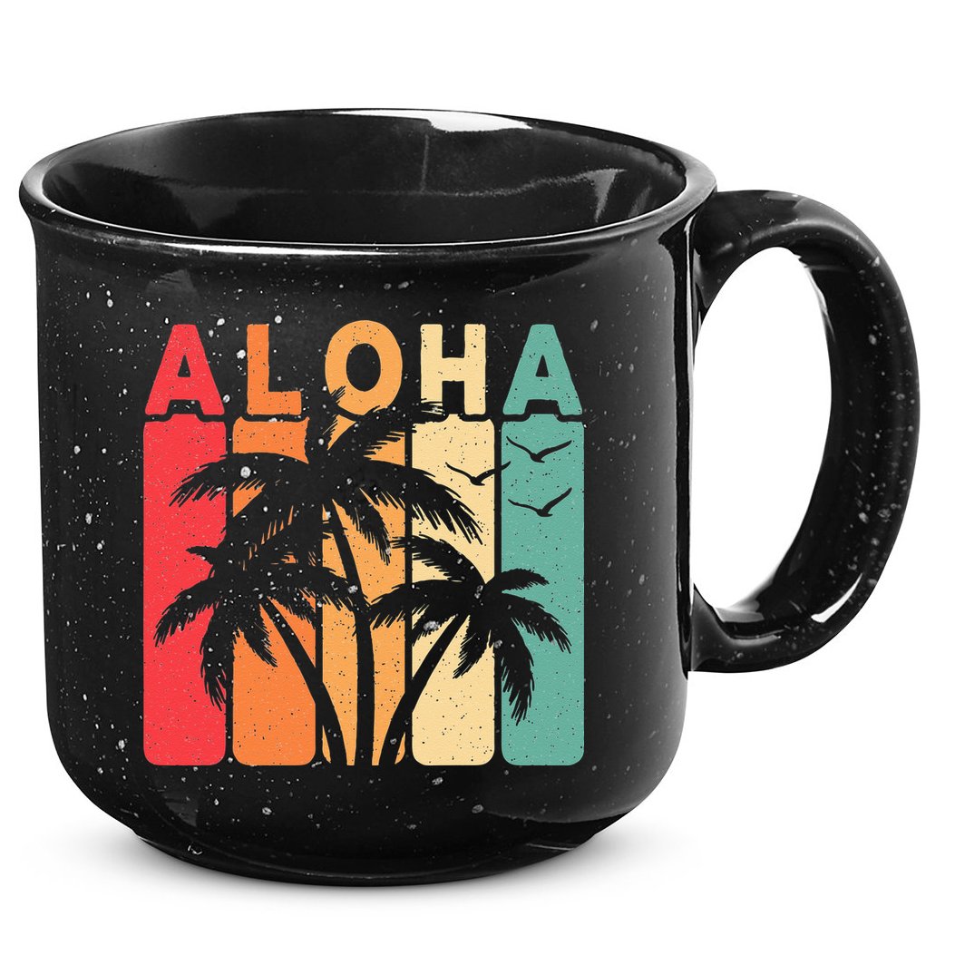 Retro Aloha Hawaii Tropical Summer Palm Tree Hawaiian 15oz Campfire Ceramic Mug