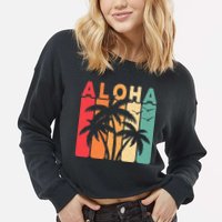 Retro Aloha Hawaii Tropical Summer Palm Tree Hawaiian Cropped Pullover Crew