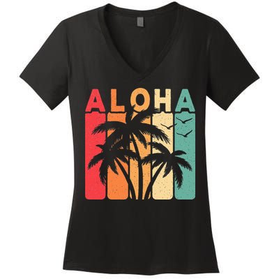 Retro Aloha Hawaii Tropical Summer Palm Tree Hawaiian Women's V-Neck T-Shirt
