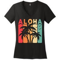 Retro Aloha Hawaii Tropical Summer Palm Tree Hawaiian Women's V-Neck T-Shirt