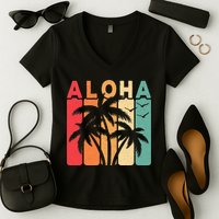 Retro Aloha Hawaii Tropical Summer Palm Tree Hawaiian Women's V-Neck T-Shirt