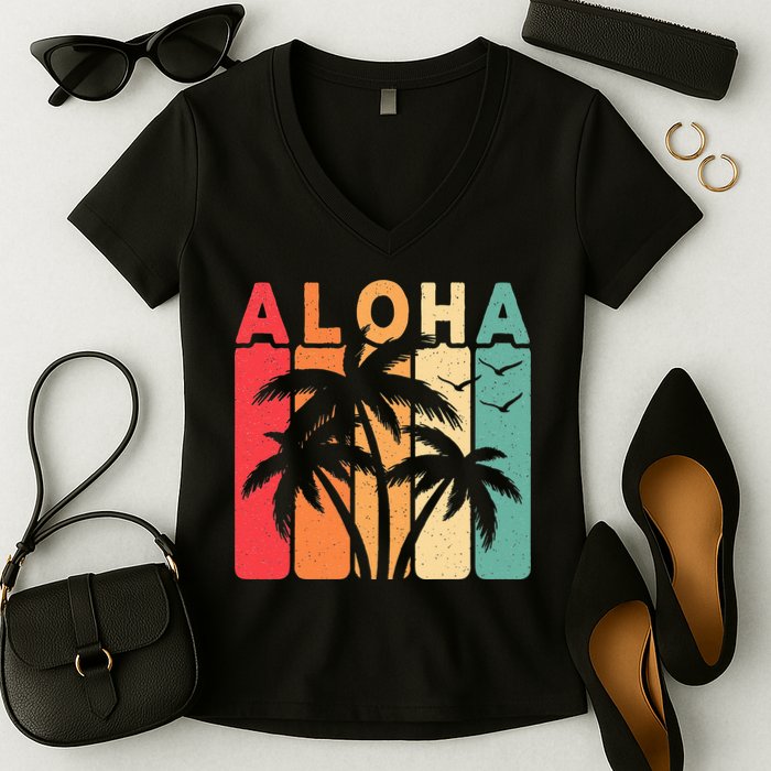 Retro Aloha Hawaii Tropical Summer Palm Tree Hawaiian Women's V-Neck T-Shirt