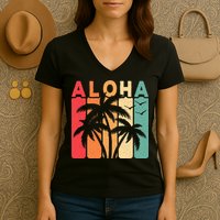 Retro Aloha Hawaii Tropical Summer Palm Tree Hawaiian Women's V-Neck T-Shirt