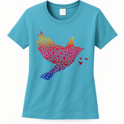 Rainbow Bird Abstract Flock Womens T-Shirt