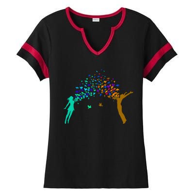 Rainbow Bird Flock Boy And Girl Ladies Halftime Notch Neck Tee