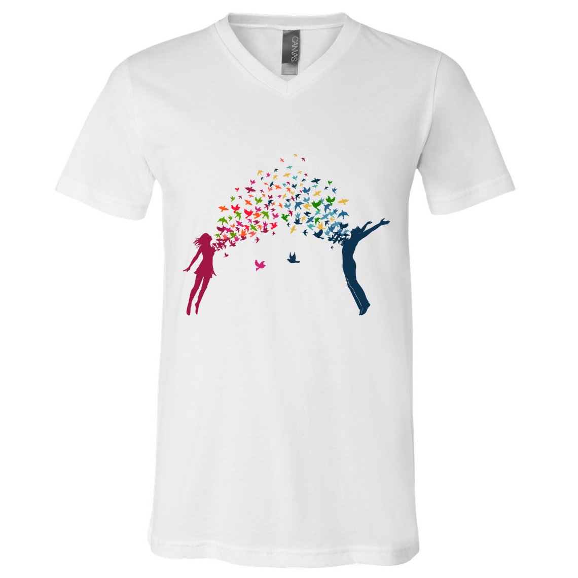 Rainbow Bird Flock Boy And Girl V-Neck T-Shirt