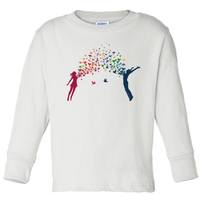 Rainbow Bird Flock Boy And Girl Toddler Long Sleeve Shirt