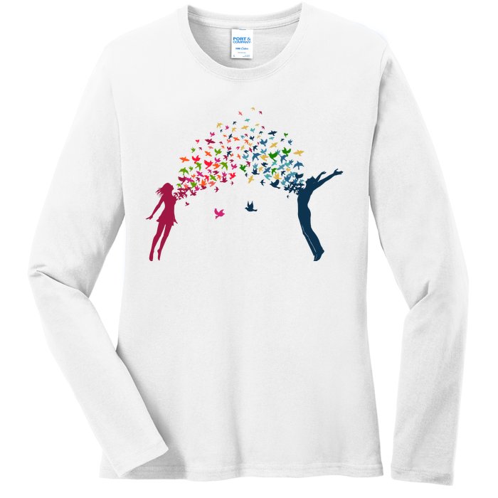 Rainbow Bird Flock Boy And Girl Ladies Long Sleeve Shirt