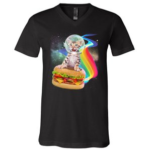 Rainbow Burger Space Cat V-Neck T-Shirt