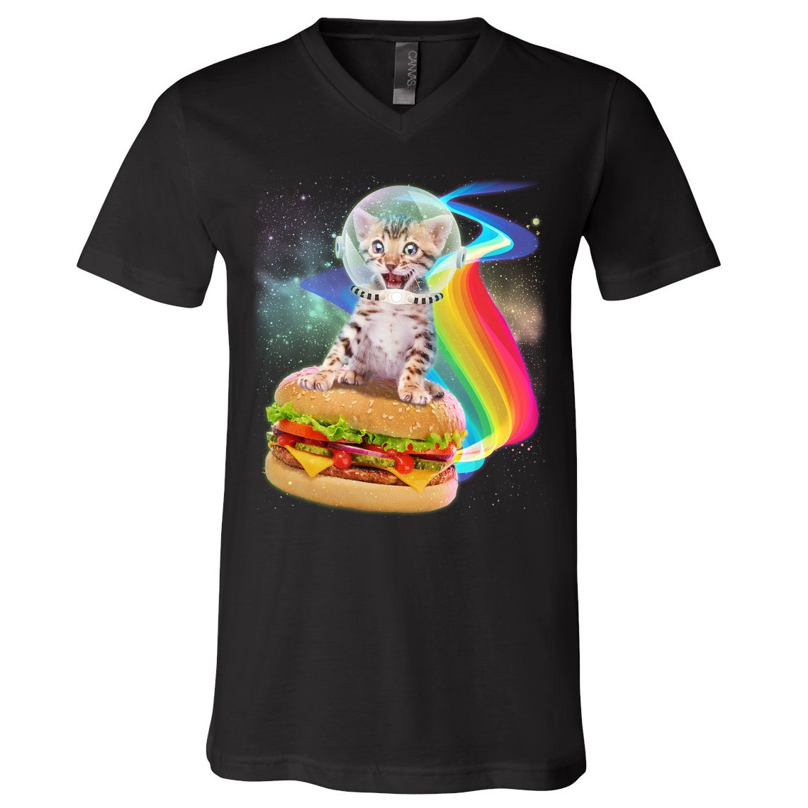 Rainbow Burger Space Cat V-Neck T-Shirt