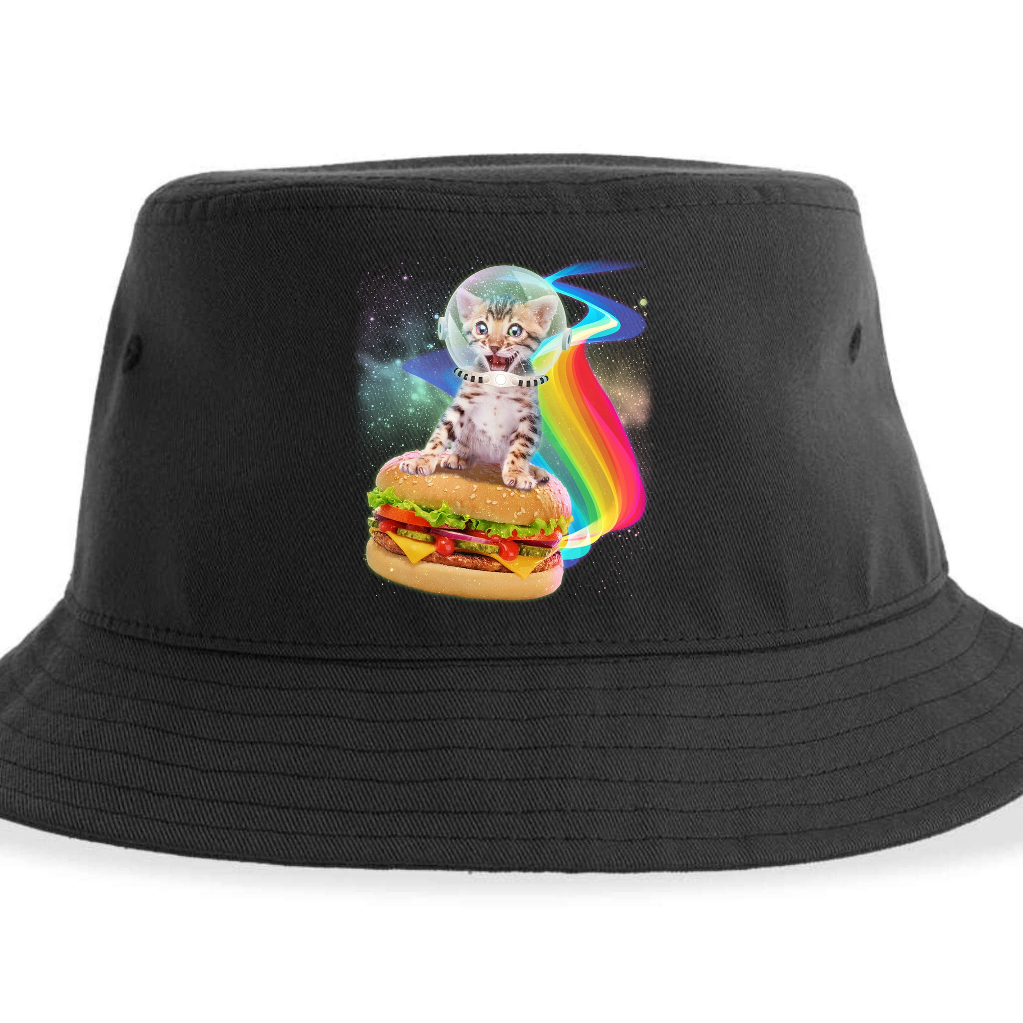 Rainbow Burger Space Cat Sustainable Bucket Hat