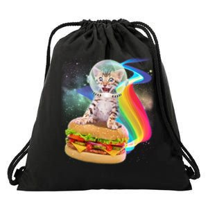 Rainbow Burger Space Cat Drawstring Bag