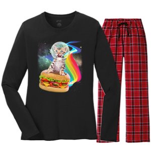 Rainbow Burger Space Cat Women's Long Sleeve Flannel Pajama Set 