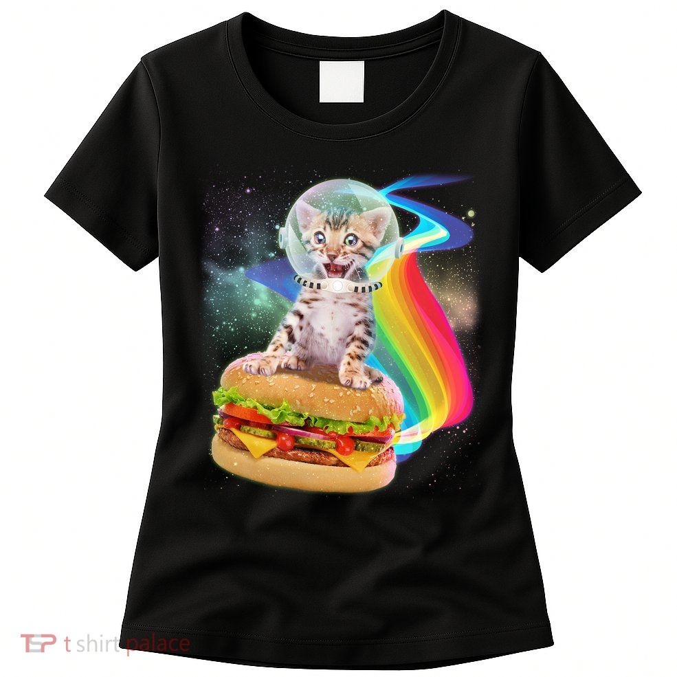 Rainbow Burger Space Cat Womens T-Shirt