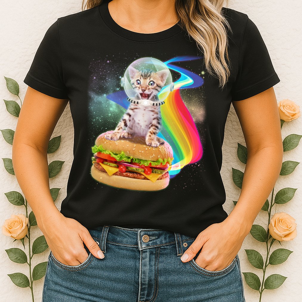 Rainbow Burger Space Cat Womens T-Shirt