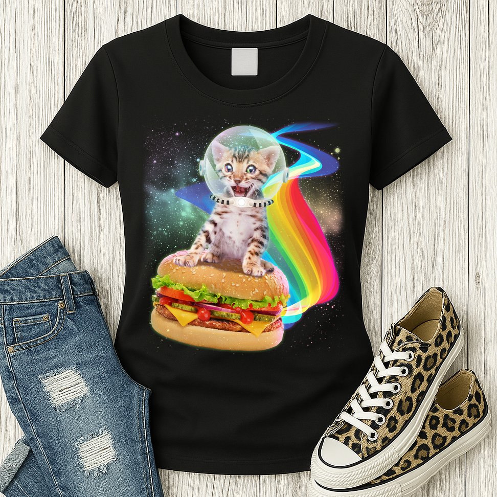 Rainbow Burger Space Cat Womens T-Shirt
